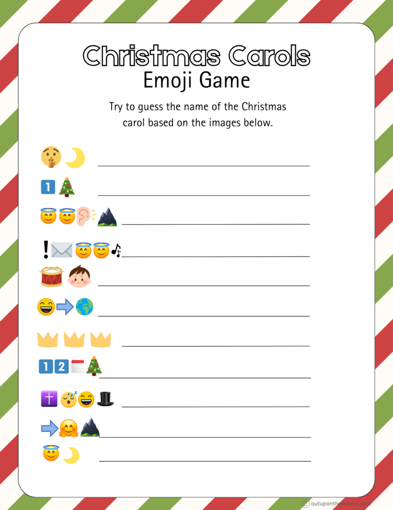 christmas emoji game printable: christmas carols - out upon the waters